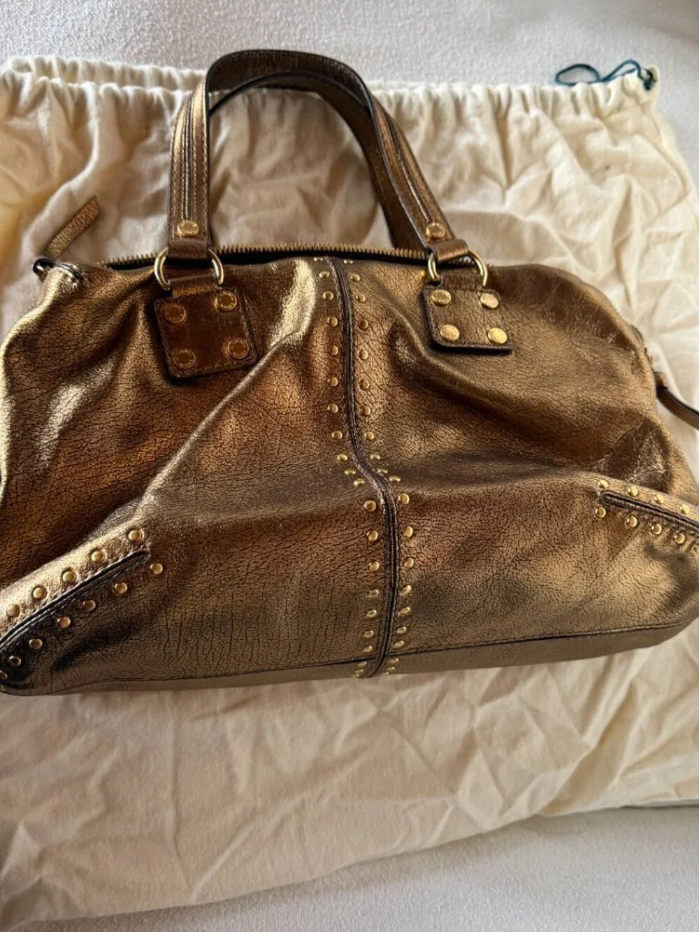 Michael Kors Metallic Bronze Leather Studded Satchel Shoulder Bag